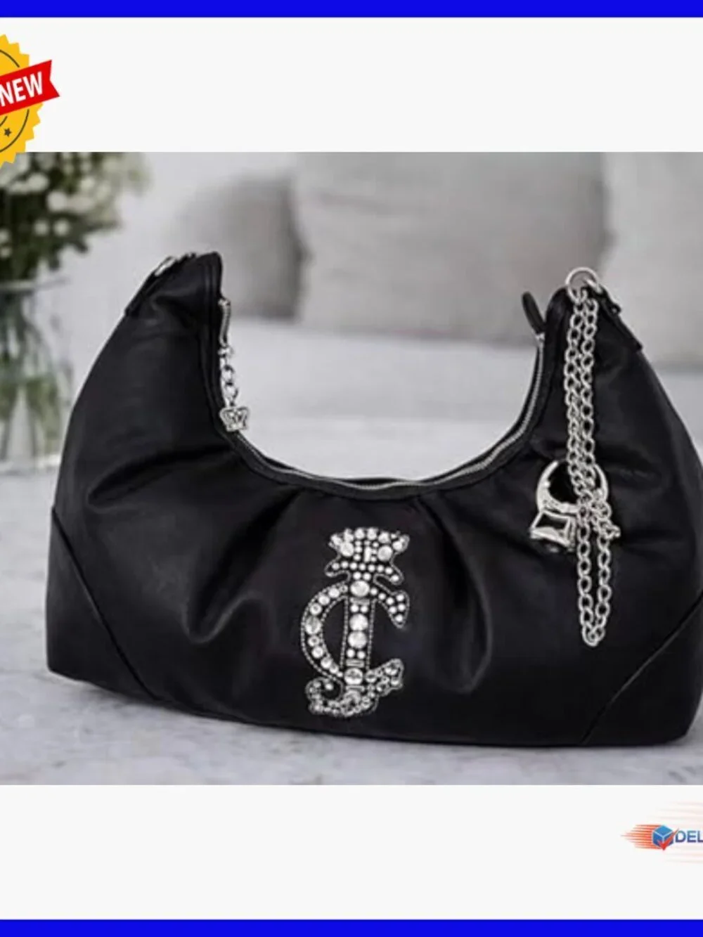 Medium Hobo Satchel with Chain Strap Rhinestone Logo Faux Leather